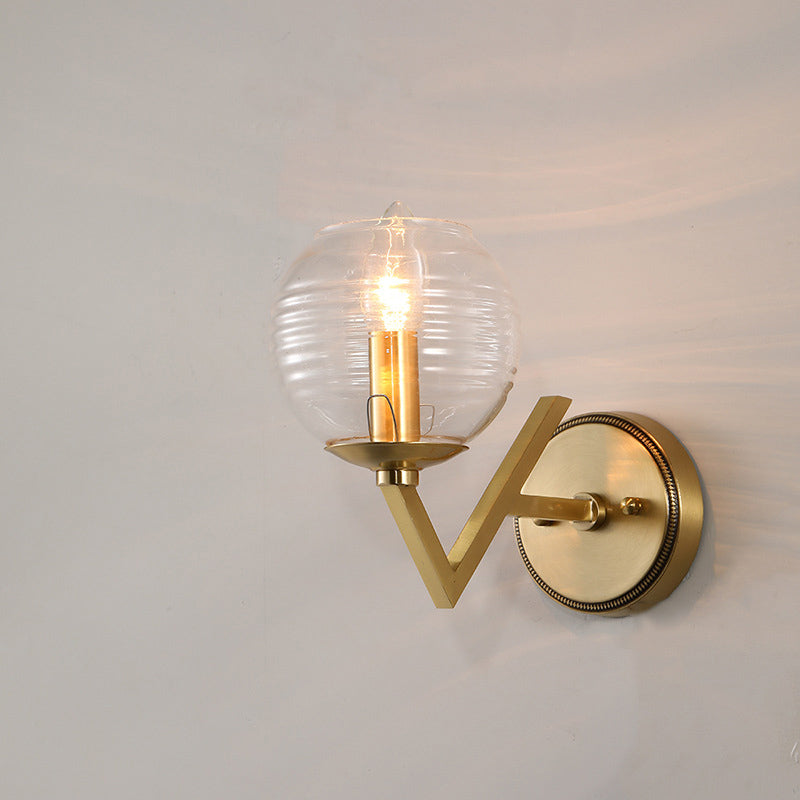 Vintage Gold Colonial Glass Sconce With Ribbed Texture And V-Shaped Metal Arm