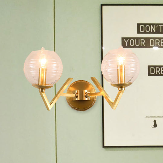 Vintage Gold Colonial Glass Sconce With Ribbed Texture And V-Shaped Metal Arm