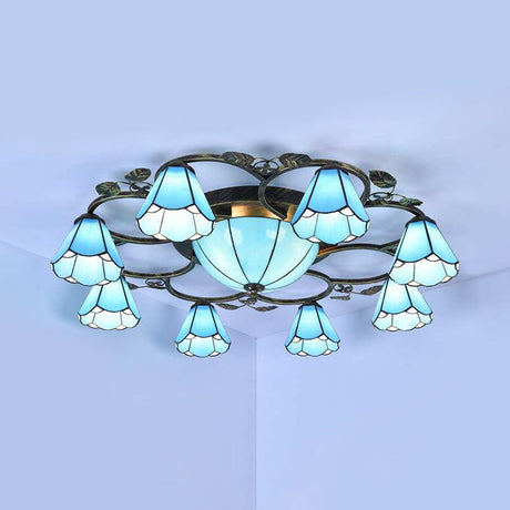 Tiffany Art Glass Ceiling Lamp - Lattice Domed Mount Light (5/9 Lights) In Blue/Sky Blue For Cloth