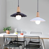 Industrial Scalloped Metal Hanging Pendant Light With Wooden Cap - Bedroom Suspension In White/Black