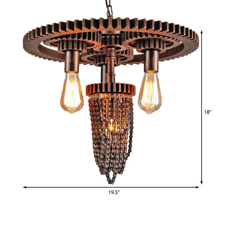 Vintage 3-Headed Metallic Gear Chandelier For Restaurant Ceiling Pendant In Rust