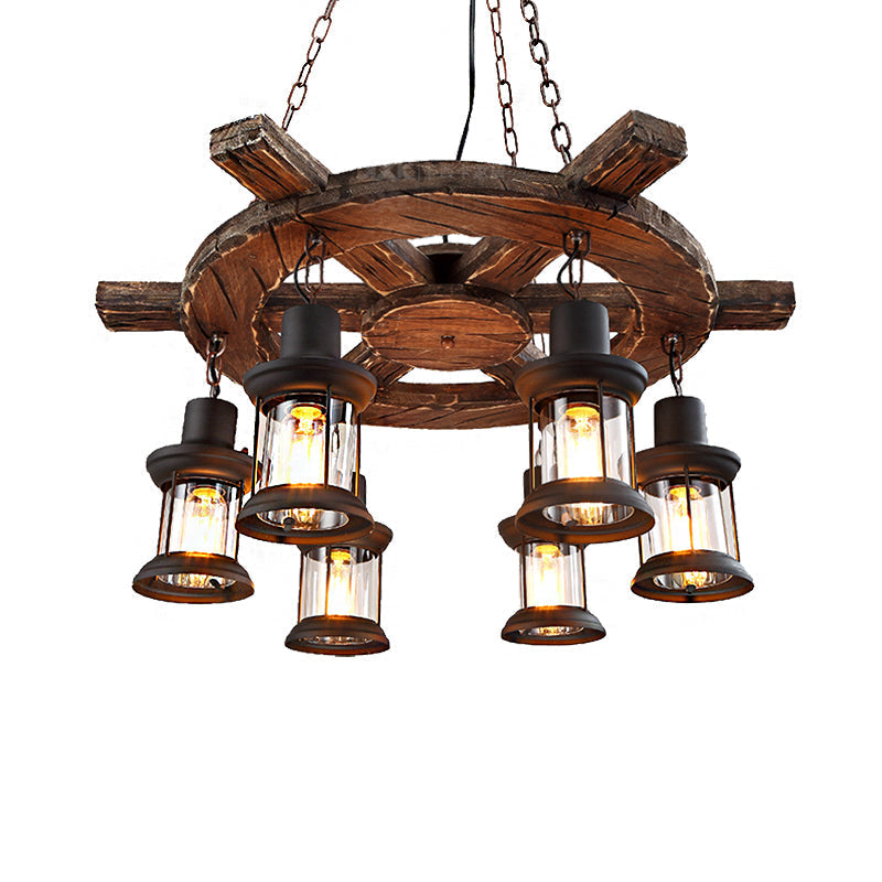 Coastal Metal Lantern Restaurant Chandelier - 6-Light Black Pendant Lamp With Wooden Rudder