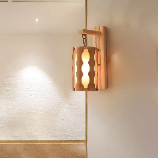 Asian-Inspired Wood Wall Mount Lamp: Single Head Khaki Sconce Light Fixture For Restaurants