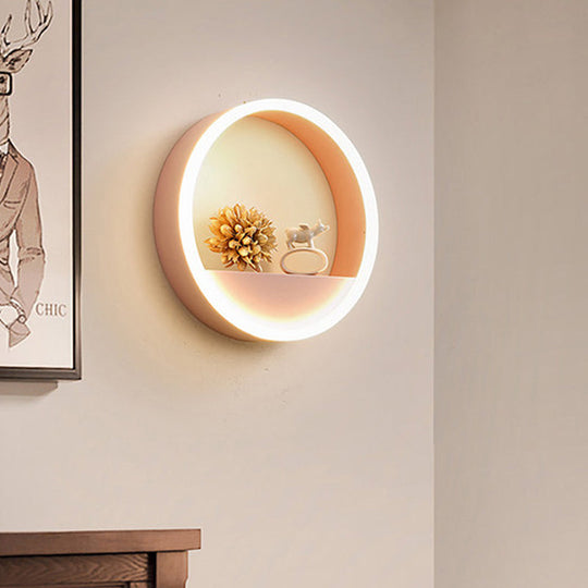 Iron Hoop Flush Mount Wall Light: Macaron Pink/Blue 12/16 Wide Led Sconce With Storage Rack