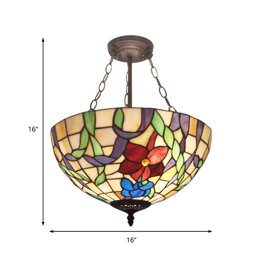 Flower Tiffany Rustic Stained Glass Chandelier For Foyer With Inverted Bowl Suspension Light