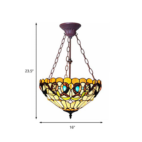 Yellow Stained Glass Tiffany Style Bedroom Chandelier - Victoria Design Inverted Hanging Light