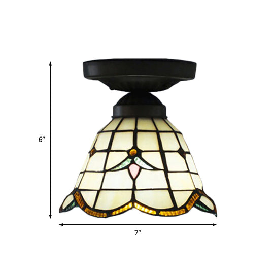 Tiffany Art Glass Dome Ceiling Light - White 6’/7’ Width Flush Mount For Hallway