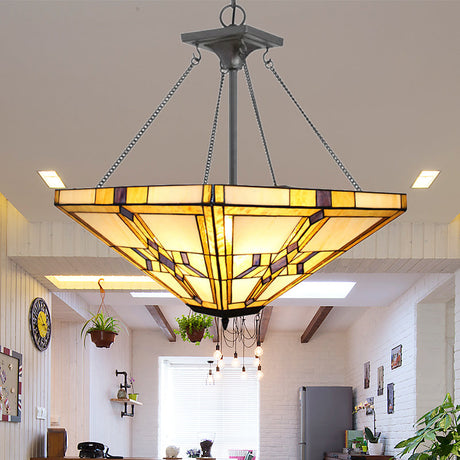 Tiffany Vintage Pyramid Chandelier With Stained Glass - 19.5/27.5 Wide Beige Inverted Pendant Light