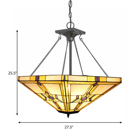 Tiffany Vintage Pyramid Chandelier With Stained Glass - 19.5/27.5 Wide Beige Inverted Pendant Light