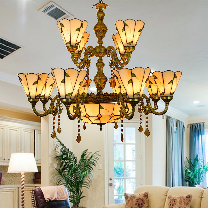Tiffany Style Agate Leaf Chandelier In Antique Art Glass - 7/9/13 Lights Beige Ideal For Hotels