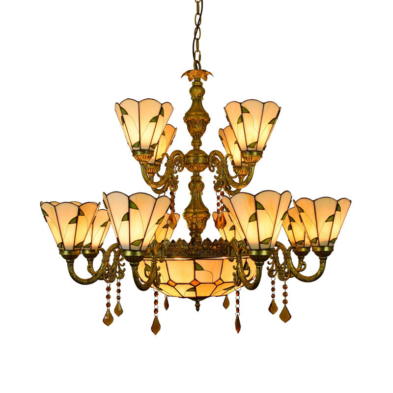 Tiffany Style Agate Leaf Chandelier In Antique Art Glass - 7/9/13 Lights Beige Ideal For Hotels