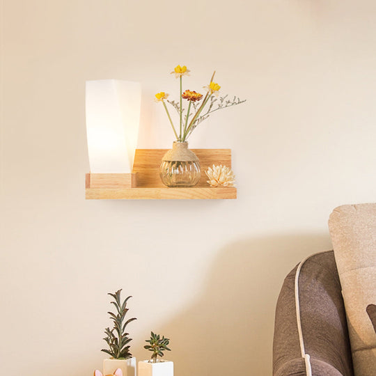 Nordic Milky Glass Wall Sconce With Wood Spiral/Cylinder Design - Mounted Light Fixture