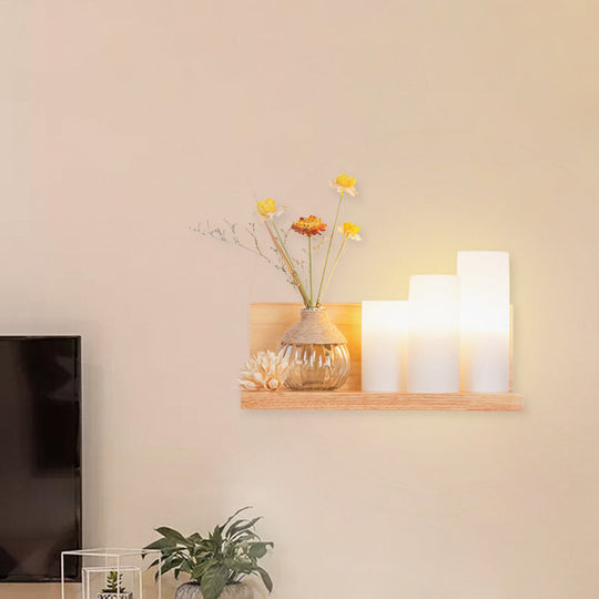 Nordic Milky Glass Wall Sconce With Wood Spiral/Cylinder Design - Mounted Light Fixture