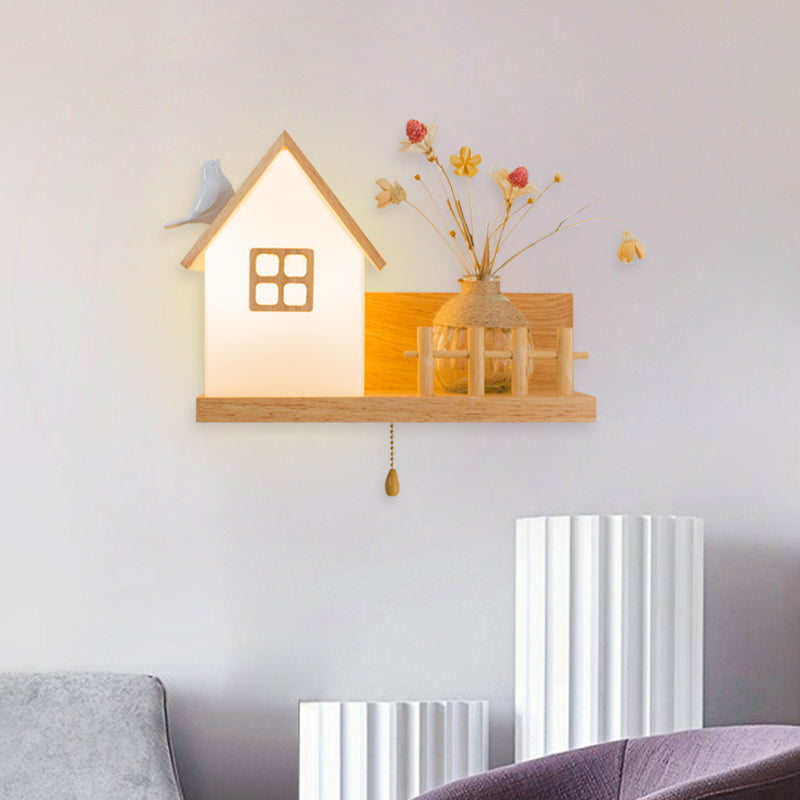 Nordic Milky Glass Wall Sconce With Wood Spiral/Cylinder Design - Mounted Light Fixture / D