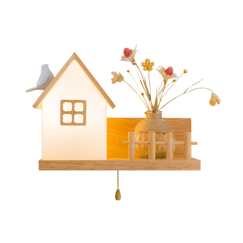 Nordic Milky Glass Wall Sconce With Wood Spiral/Cylinder Design - Mounted Light Fixture