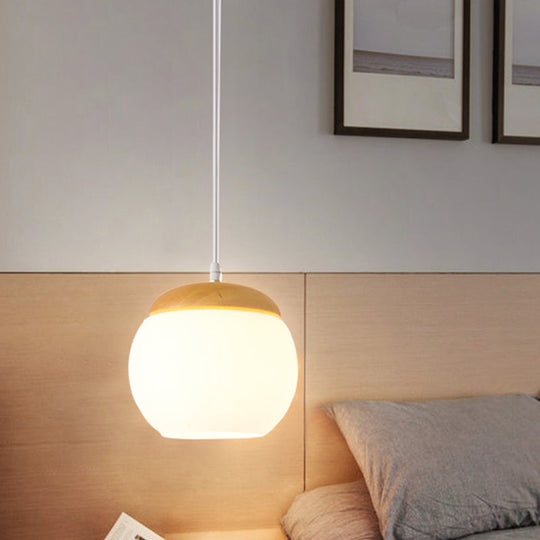 Milky Glass Sphere Pendant Light For Bedside With Wood Accent