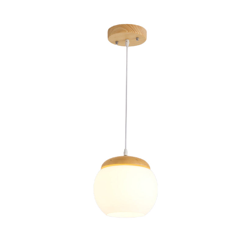 Milky Glass Sphere Pendant Light For Bedside With Wood Accent