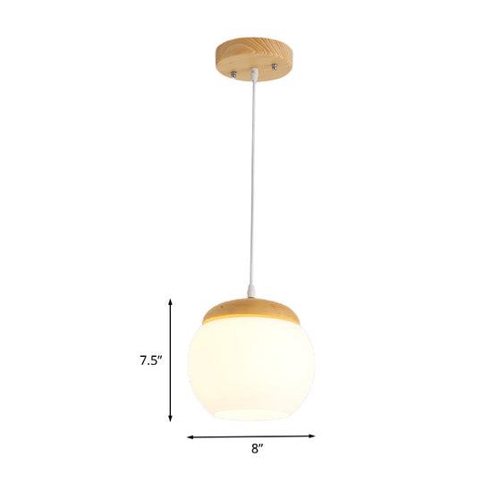 Modern Milky Glass Sphere Pendant Light With Wood Drop - Ideal For Bedside Use