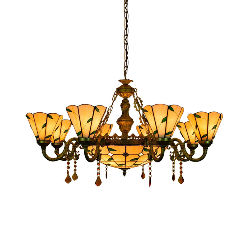 Tiffany Style Agate Leaf Chandelier In Antique Art Glass - 7/9/13 Lights Beige Ideal For Hotels