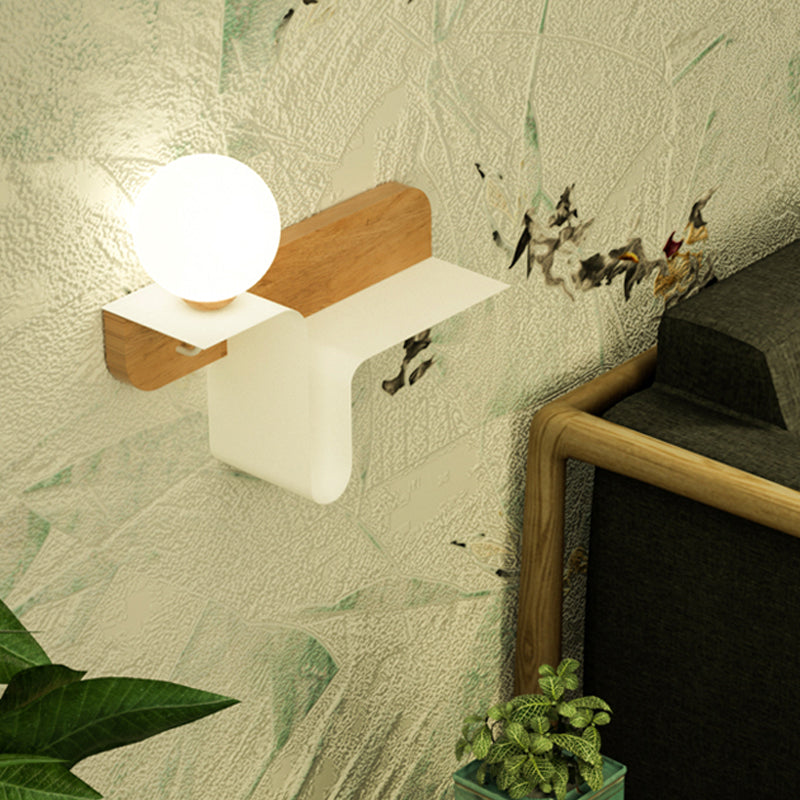 Nordic Opal Frosted Glass Sconce: Orb 1 Bulb Wall Mounted Lamp With White-Wood Shelf (Left/Right)