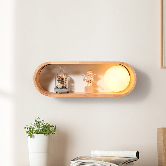 Nordic Wood Wall Sconce With Rack Feature - Fillet/Right Angle Rectangle Design For Bedside Flush