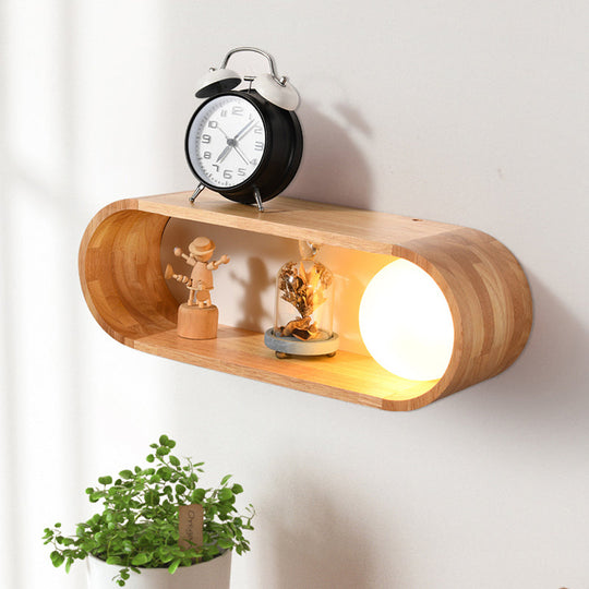 Nordic Wood Wall Sconce With Rack Feature - Fillet/Right Angle Rectangle Design For Bedside Flush