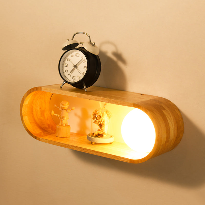 Nordic Wood Wall Sconce With Rack Feature - Fillet/Right Angle Rectangle Design For Bedside Flush