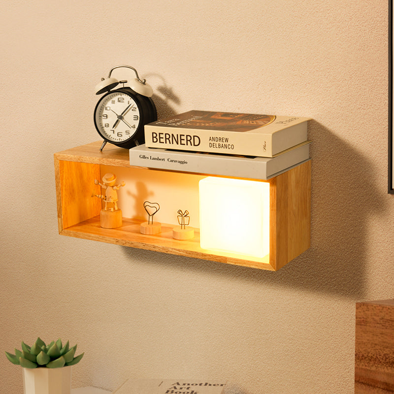 Nordic Wood Wall Sconce With Rack Feature - Fillet/Right Angle Rectangle Design For Bedside Flush
