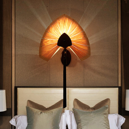 Cherry Wood Sconce Light: East Asian 1-Light Beige Wall Mount Lamp With Black Tassel Fringe