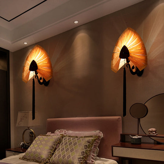 Cherry Wood Sconce Light: East Asian 1-Light Beige Wall Mount Lamp With Black Tassel Fringe