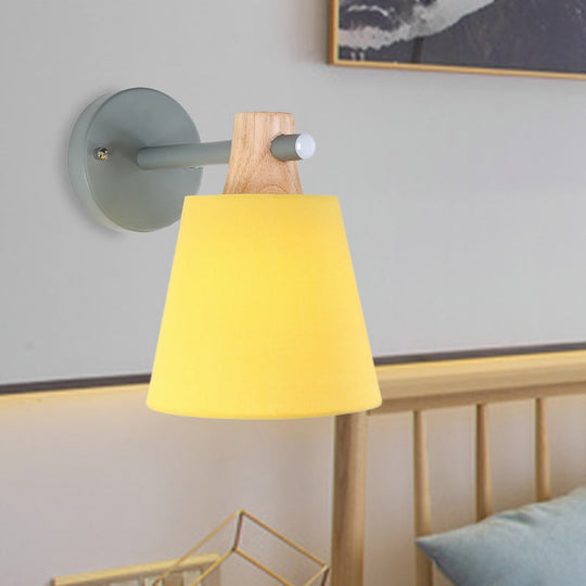 Blue/White/Yellow Macaron Fabric Conical Wall Light Fixture: Unique Sconce Design With Straight Arm