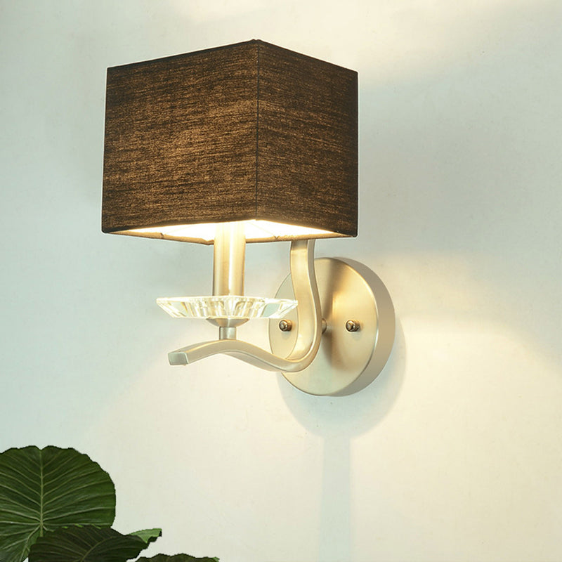 Modern Cube Bedside Wall Lamp - Fabric Single Light Sconce In Grey/Black With Crystal Accent