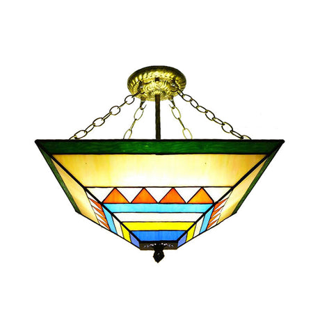 Tiffany Stained Glass Semi Flush Mount Ceiling Lamp - Stylish Inverted Design In Orange/Yellow