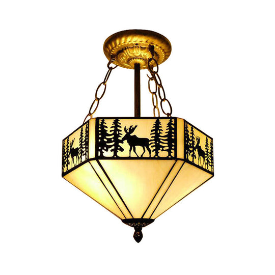 Rustic American Forest Deer Glass Ceiling Lamp - 11’/18’/22’ Wide Semi Flush Mount Light In Beige