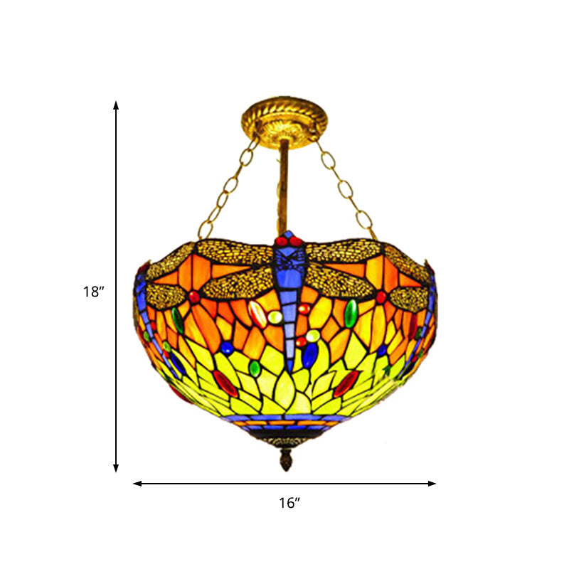 Dragonfly Stained Glass Ceiling Light - Rustic Tiffany Inverted Semi Flush Lamp (12’/16’ Wide