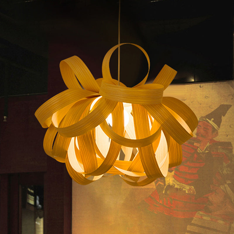 Contemporary Wooden Pendant Lamp With Twist Design - 1 Light Beige Hanging For Living Room 18/23.5