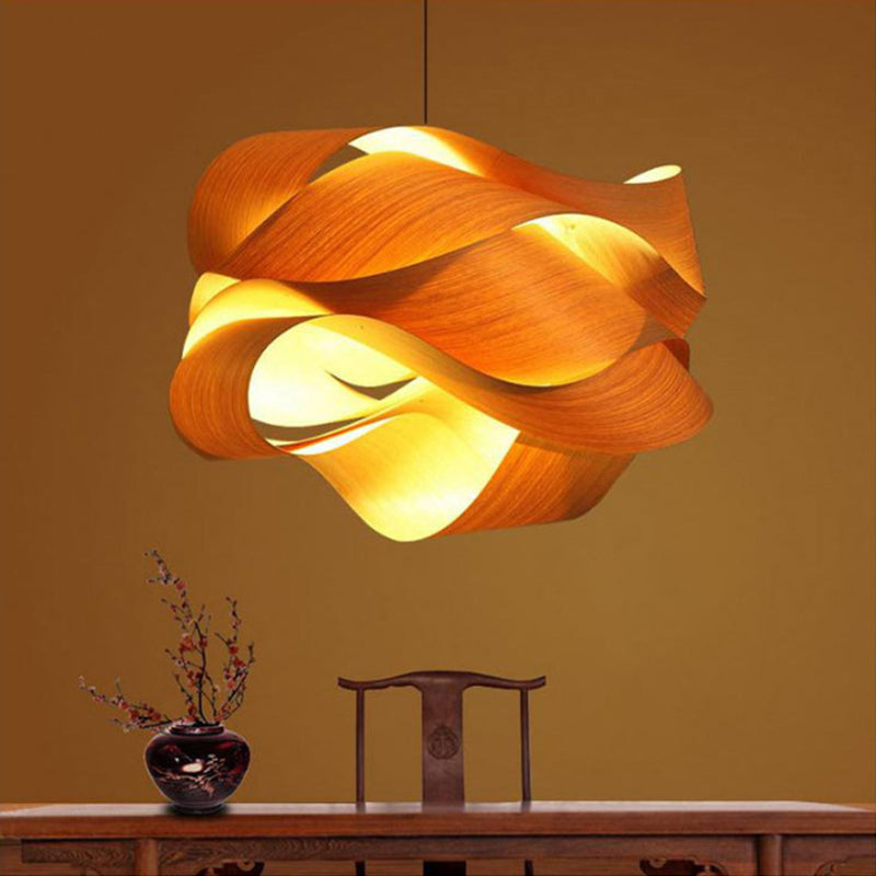 Contemporary Wooden Pendant Lamp With Twist Design - 1 Light Beige Hanging For Living Room 18/23.5
