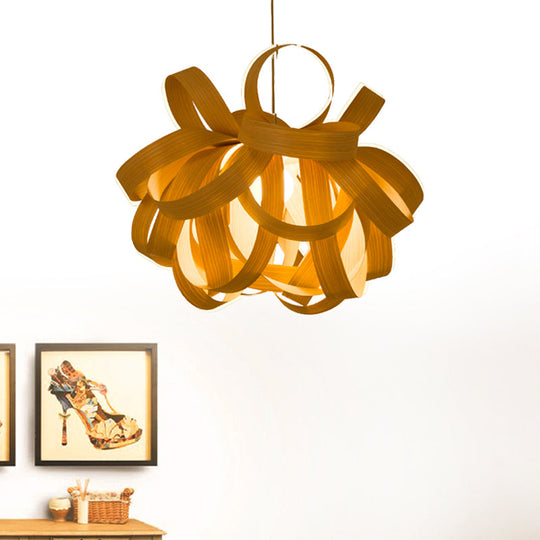 Contemporary Wooden Pendant Lamp With Twist Design - 1 Light Beige Hanging For Living Room 18/23.5