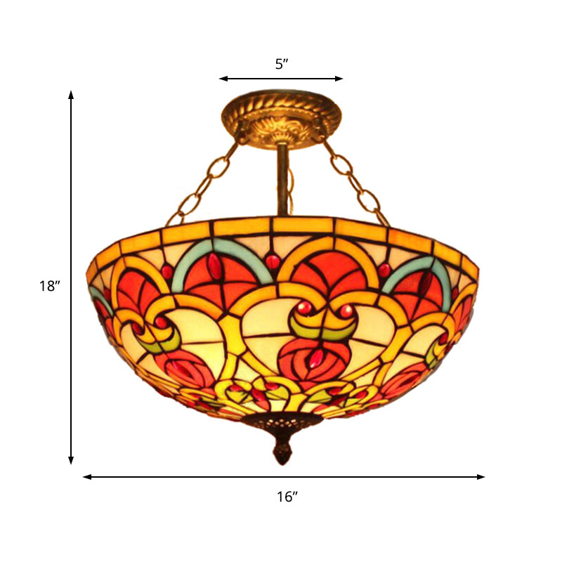 Tiffany Baroque Bowl Stained Glass Ceiling Light - Green/Red Semi Flush Mount For Villas