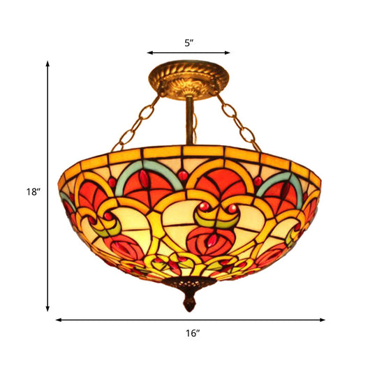 Tiffany Baroque Bowl Stained Glass Ceiling Light - Green/Red Semi Flush Mount For Villas