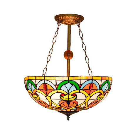 Tiffany Victorian Stained Glass Inverted Ceiling Lamp - Multi-Colored Bowl Mount Light For Bedroom
