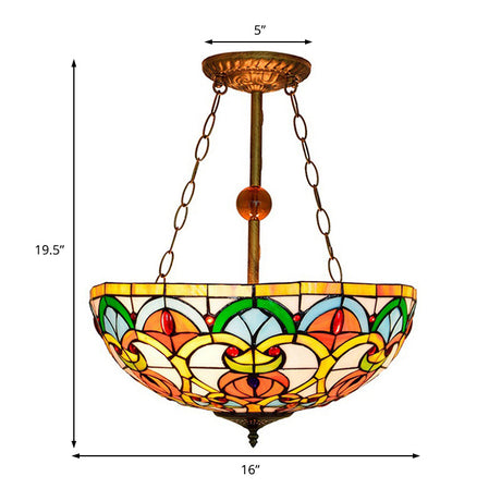 Tiffany Victorian Stained Glass Inverted Ceiling Lamp - Multi-Colored Bowl Mount Light For Bedroom