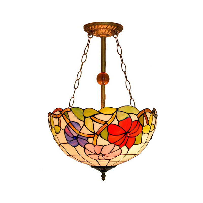 Blossom Tiffany Antique Stained Glass Ceiling Fixture - Inverted Semi Flush Mount Light With