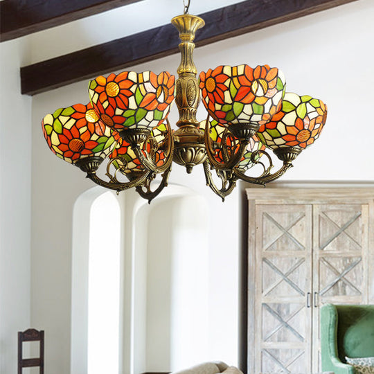 Sunflower Stained Glass Rustic Tiffany Chandelier - 3/5/6 Light Kitchen Hanging With Inverted