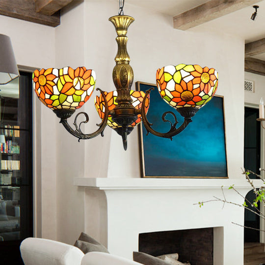 Sunflower Stained Glass Rustic Tiffany Chandelier - 3/5/6 Light Kitchen Hanging With Inverted