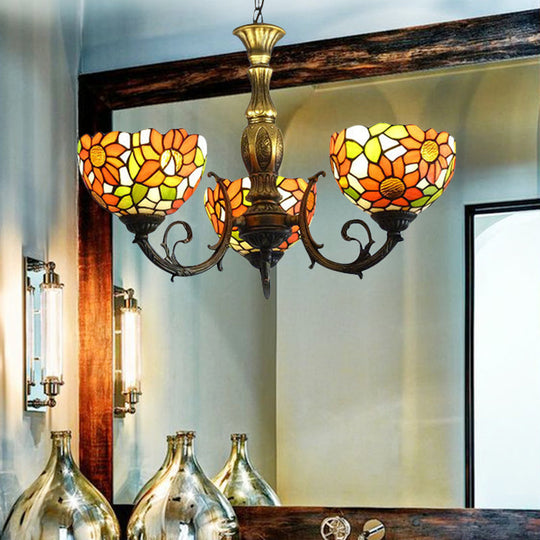 Sunflower Stained Glass Rustic Tiffany Chandelier - 3/5/6 Light Kitchen Hanging With Inverted