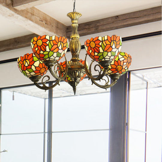 Sunflower Stained Glass Rustic Tiffany Chandelier - 3/5/6 Light Kitchen Hanging With Inverted