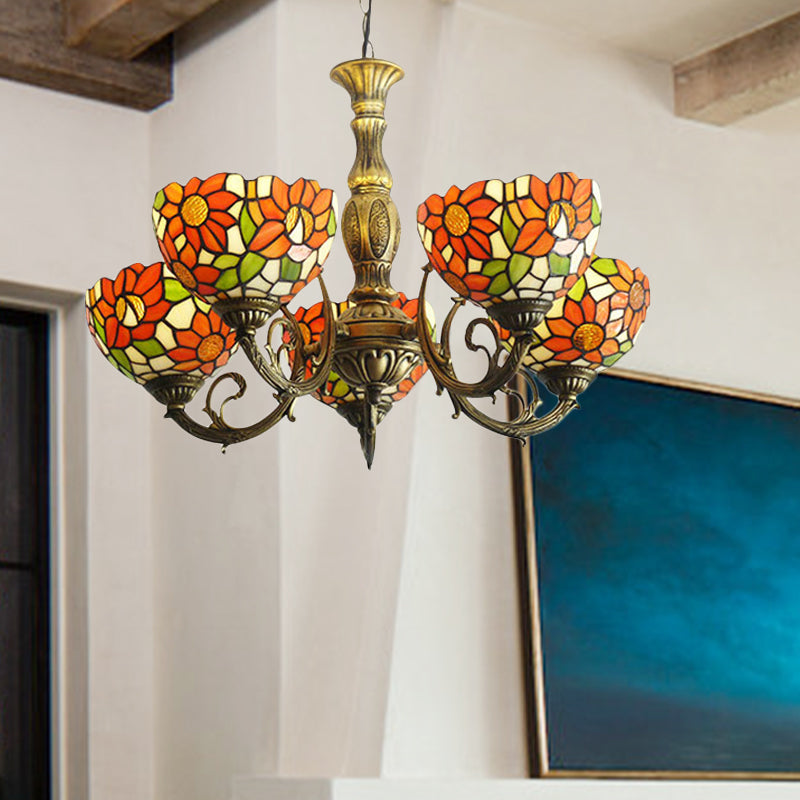 Sunflower Stained Glass Rustic Tiffany Chandelier - 3/5/6 Light Kitchen Hanging With Inverted