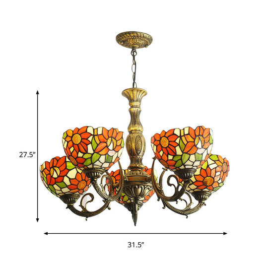 Sunflower Stained Glass Rustic Tiffany Chandelier - 3/5/6 Light Kitchen Hanging With Inverted