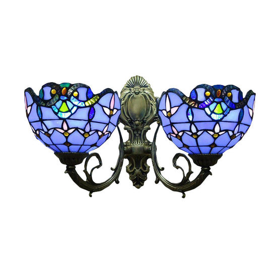 Victorian Style Stained Glass Bowl Wall Lighting - Antique Bronze 2-Head Indoor Mount Light